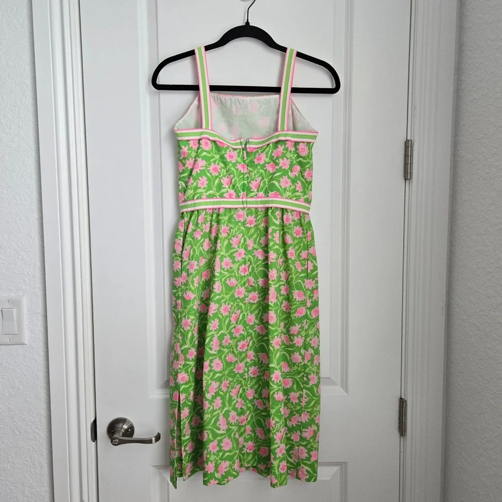 VTG Liza by Lilly Pulitzer Vintage Floral Sundress Green Pink Striped Trim 9/10 - Picture 4 of 8